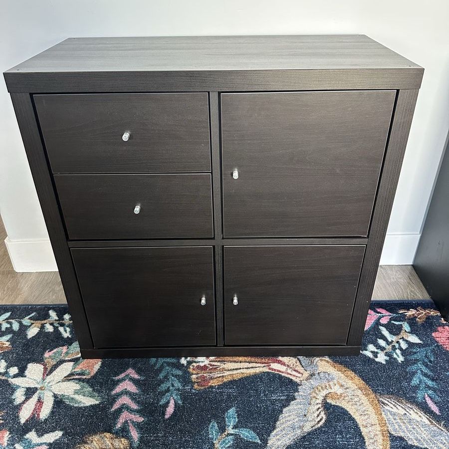 IKEA KALLAX - Black-Brown Cube Storage with cabinets and drawers.