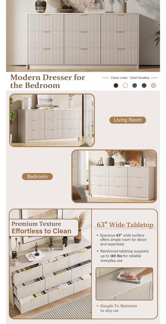 Modern Fluted Dresser 63"W x 31.5"H with 9 Drawers, Beige, Gold Handles