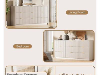 Modern Fluted Dresser 63"W x 31.5"H with 9 Drawers, Beige, Gold Handles
