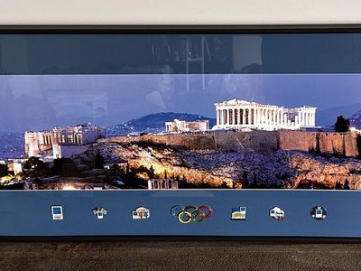 Athens 2004 Olympic Acropolis Framed Display with Olympic Pins – 39” Collectible Wall Art