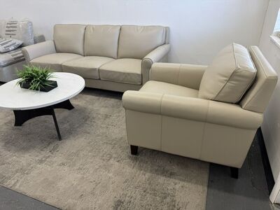 COSTCO 100% LEATHER CREAM SOFA COUCH & CHAIR SET