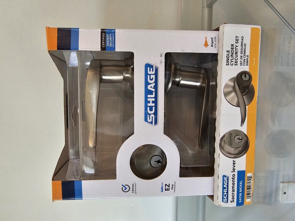 Sacramento Satin Nickel Single Cylinder Deadbolt and Keyed Entry Door Handle Combo Pack