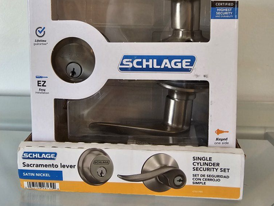 Sacramento Satin Nickel Single Cylinder Deadbolt and Keyed Entry Door Handle Combo Pack