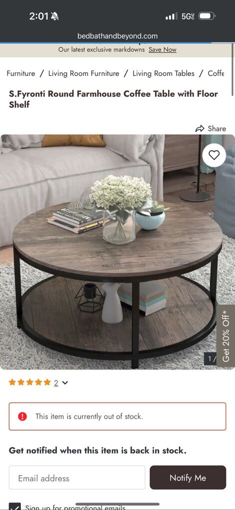 Round Farmhouse Coffee Table with Floor Shelf NEW