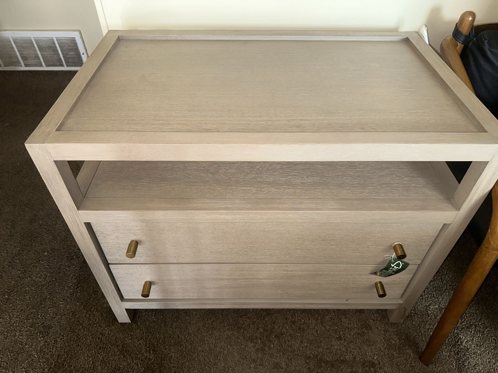 Crate & Barrel Tate Grey Wash Nightstand Side Table End Table with Drawers - Damaged Leg