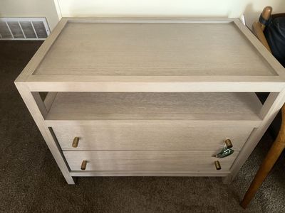 Crate & Barrel Tate Grey Wash Nightstand Side Table End Table with Drawers - Damaged Leg