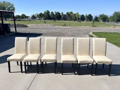 Set of 6 Cream Leather Dining Chairs with Black Legs