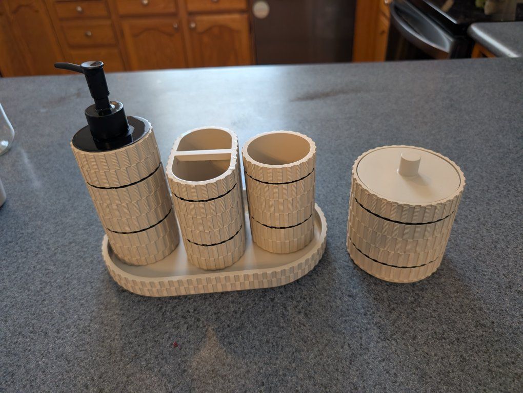 5-Piece Beige Woven Pattern Bathroom Vanity Set - Soap Dispenser, Toothbrush Holder, Tumbler, Jar, Tray