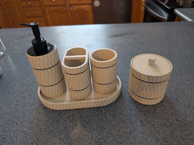 5-Piece Beige Woven Pattern Bathroom Vanity Set - Soap Dispenser, Toothbrush Holder, Tumbler, Jar, Tray