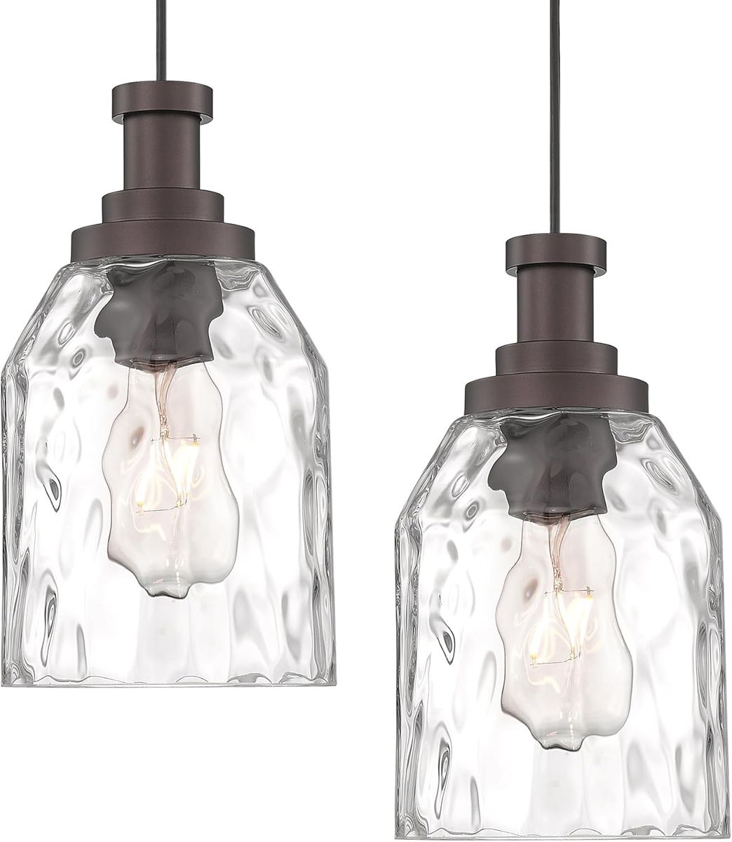 2 Pk, 1-Light Water Ripple Glass Modern Pendant Lights, Oil Rubbed Bronze Finish