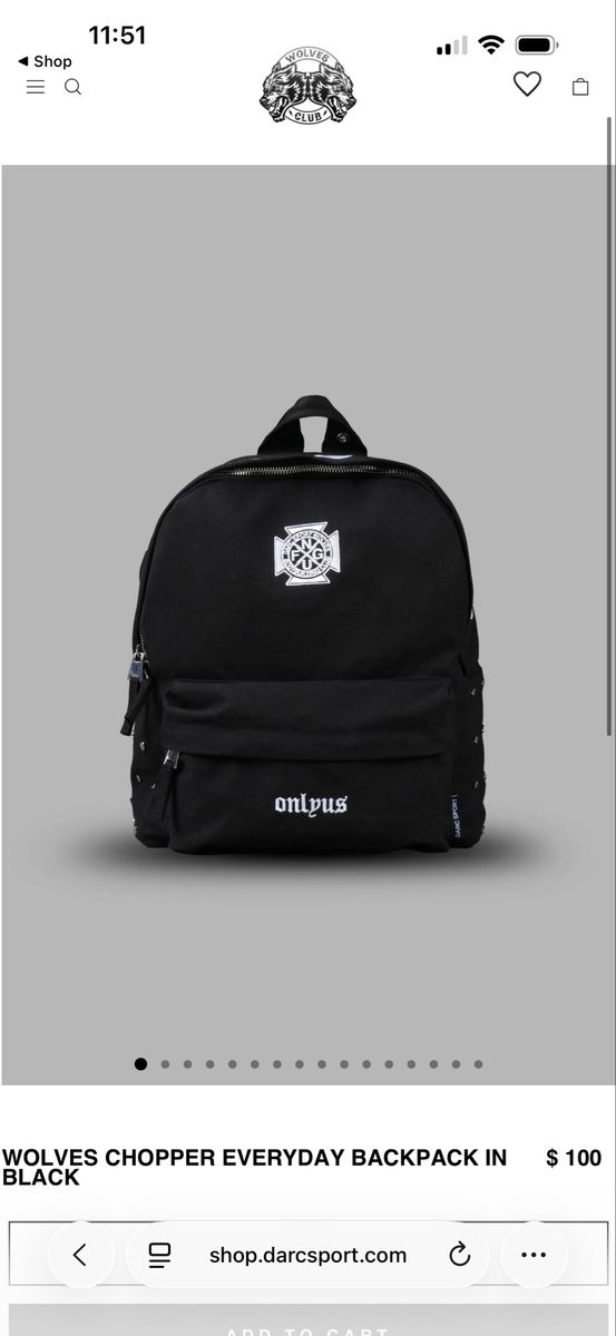 DARCSPORT Wolves Chopper Everyday Backpack in Black - Studded, Embroidered Logo