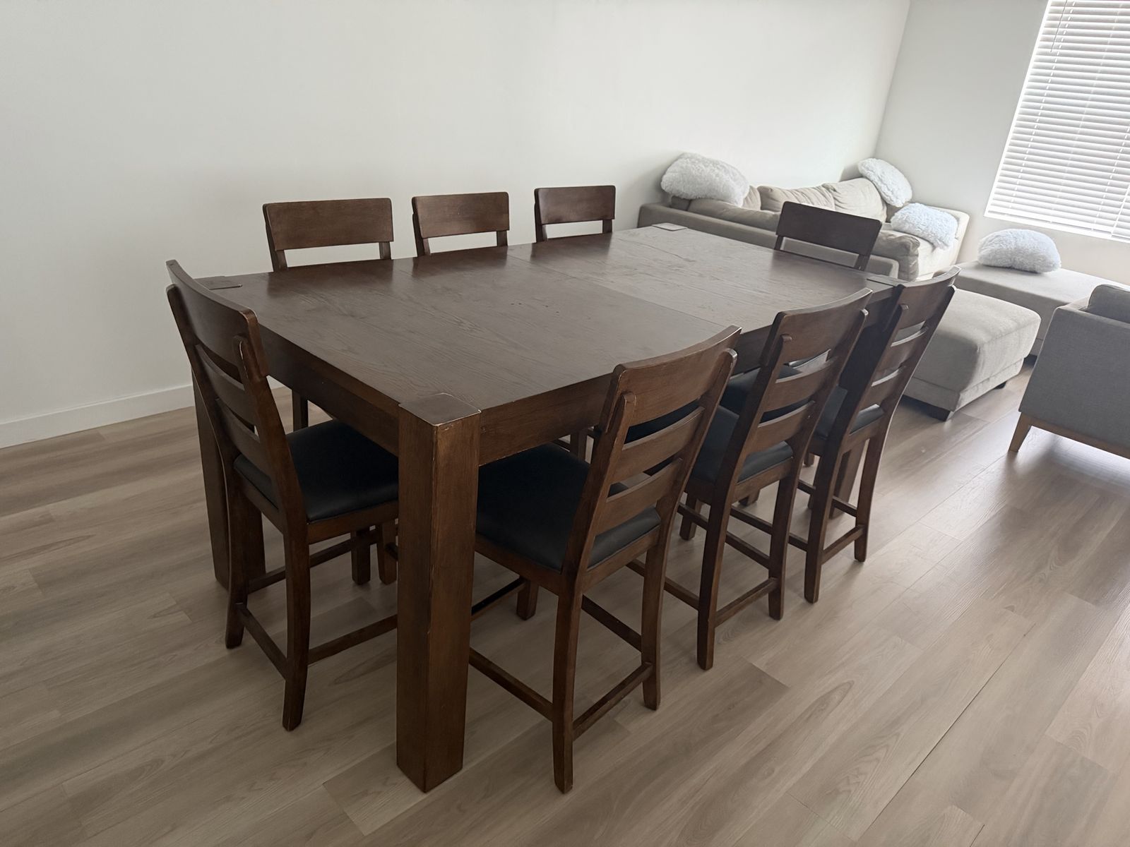 Solid Wood Counter-Height Dining Table Set with 8 Chairs and Extension Leaf - Espresso Finish