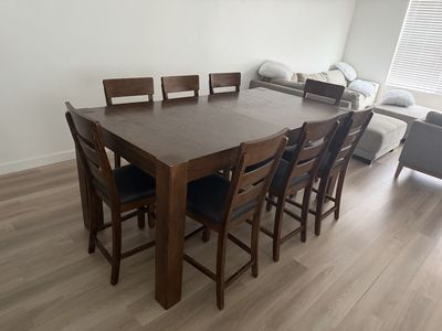 Solid Wood Counter-Height Dining Table Set with 8 Chairs and Extension Leaf - Espresso Finish