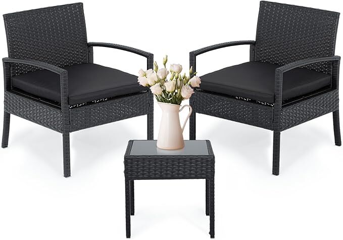Athena Collection Patio Furniture Set PE Rattan Conversation Set of 3 Outdoor Bistro Table & Chairs Set w/ Seat Cushions, Black