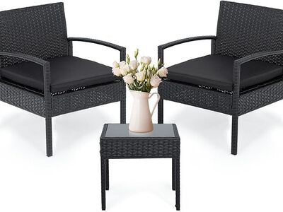 Athena Collection Patio Furniture Set PE Rattan Conversation Set of 3 Outdoor Bistro Table & Chairs Set w/ Seat Cushions, Black