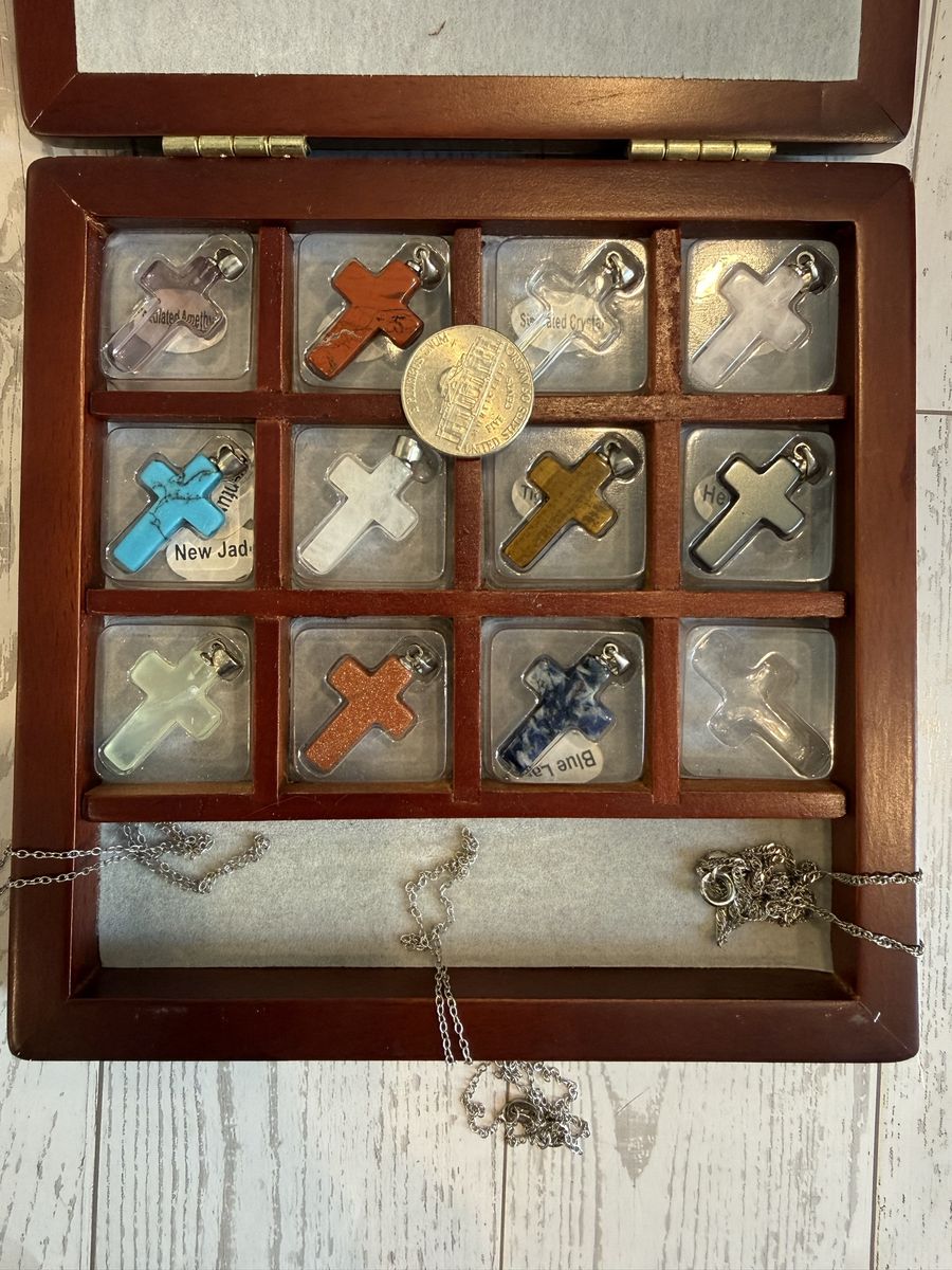 Natural Stone Cross Pendant Set with Wooden Display Case & 925 Sterling Silver Chains
