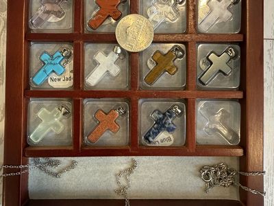 Natural Stone Cross Pendant Set with Wooden Display Case & 925 Sterling Silver Chains