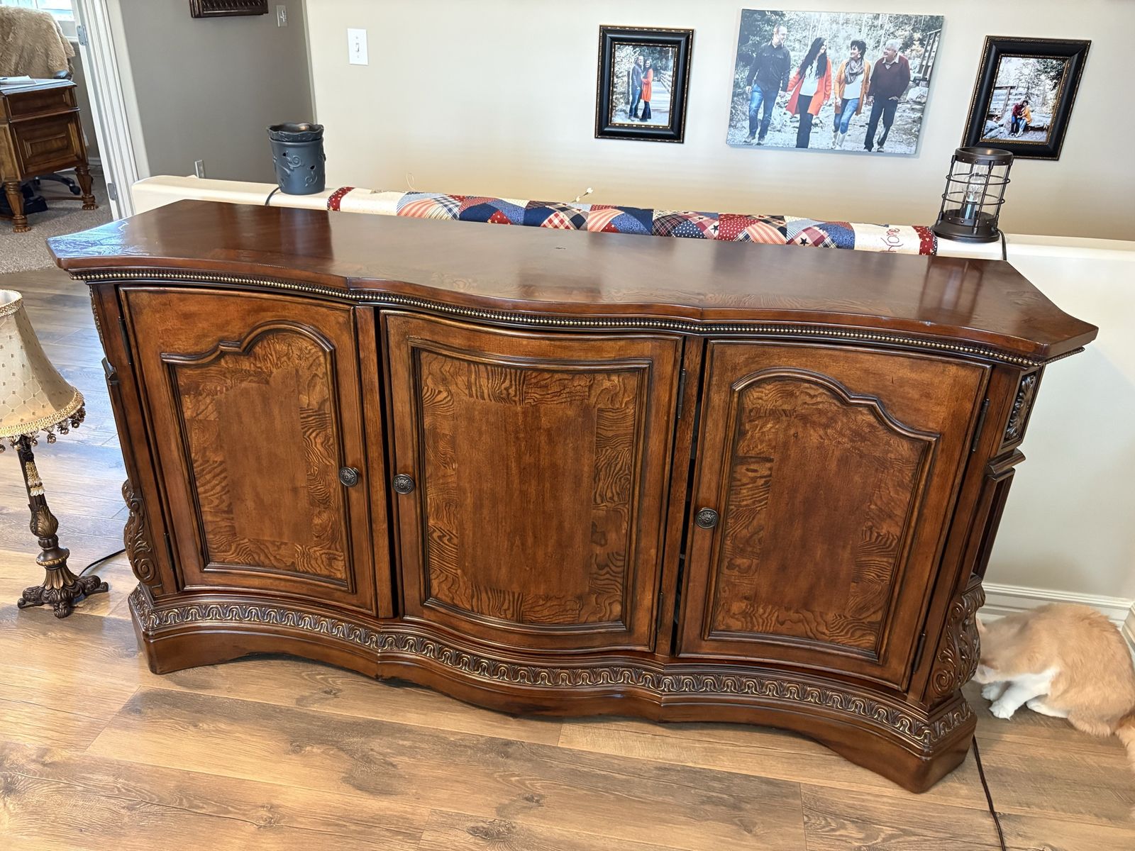 Elegant Wood Buffet Sideboard Cabinet, Dark Brown, Curved Front, 3-Door Storage