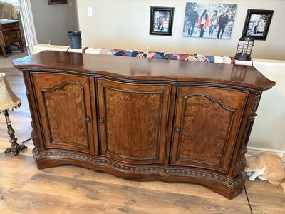 Elegant Wood Buffet Sideboard Cabinet, Dark Brown, Curved Front, 3-Door Storage