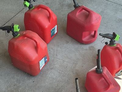 Lot of 6 Red Plastic Gas Cans - 5 Gallon & Small Fuel Cans with Spouts