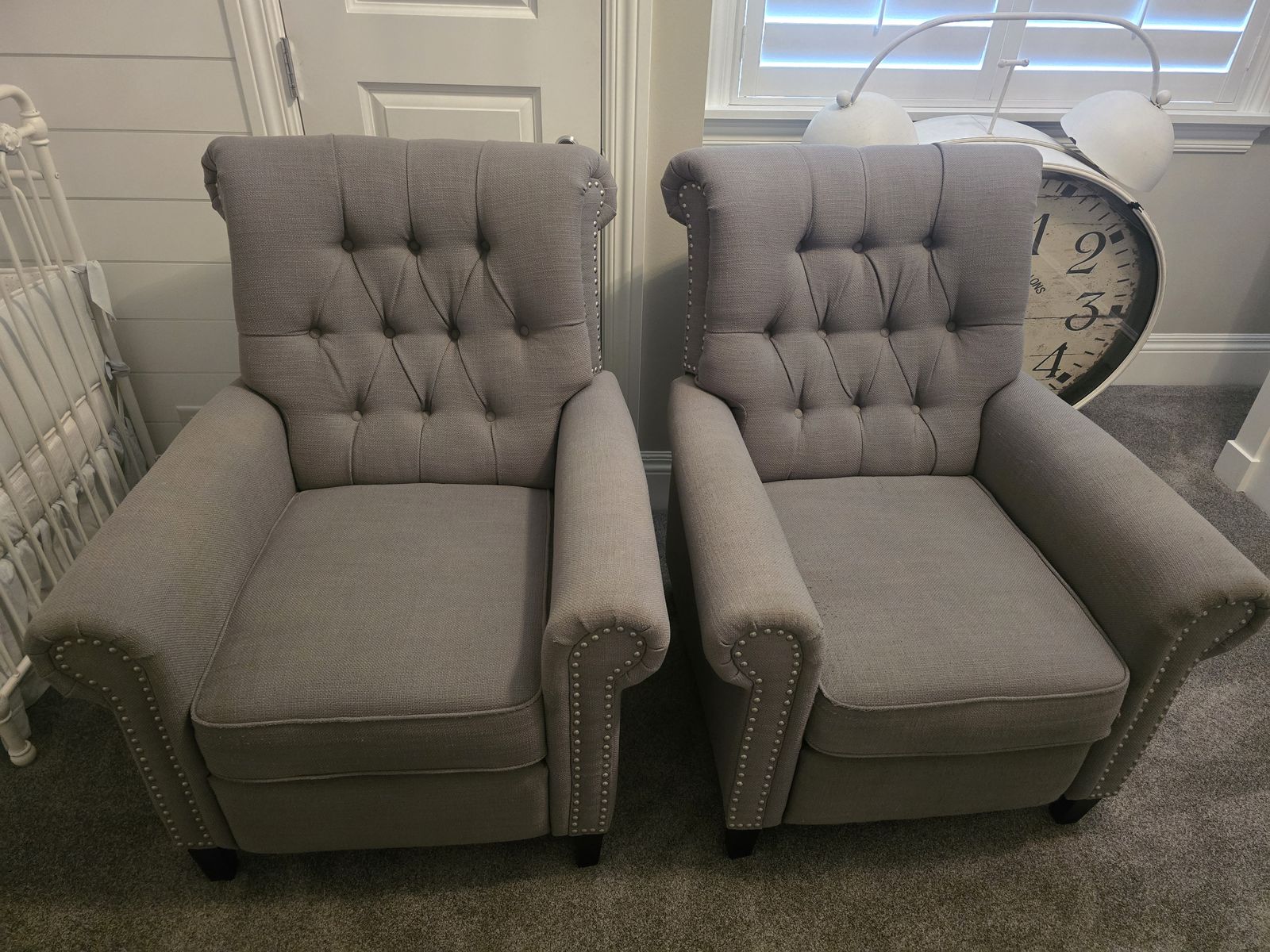 Pair of Tufted Gray Upholstered Accent Chairs with Nailhead Trim