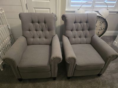 Pair of Tufted Gray Upholstered Accent Chairs with Nailhead Trim