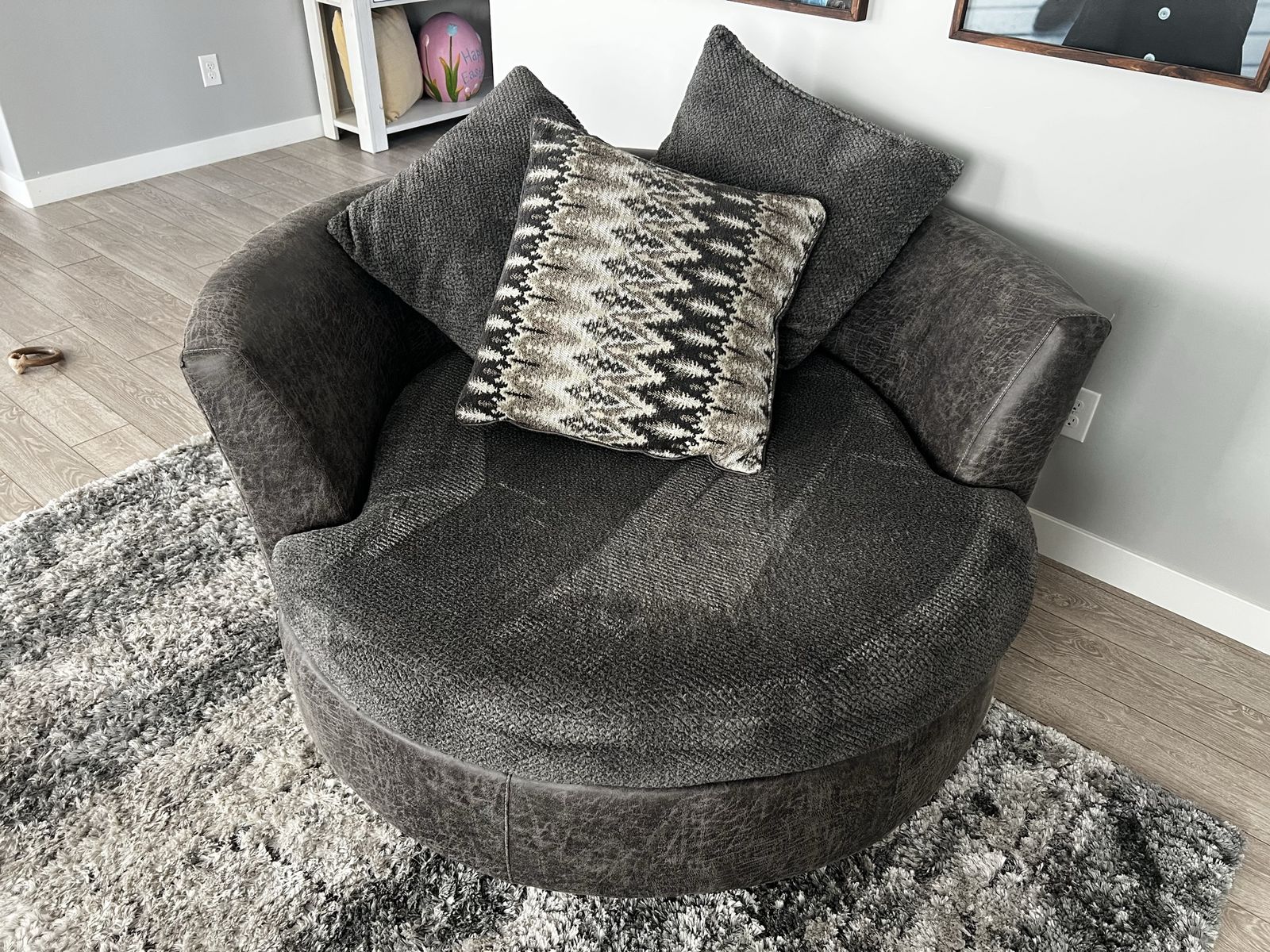 Large Round Swivel Chair - Dark Grey Textured Fabric & Faux Leather Accents with Pillows