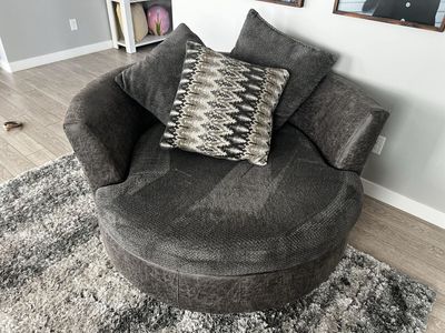 Large Round Swivel Chair - Dark Grey Textured Fabric & Faux Leather Accents with Pillows