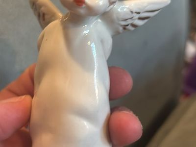 Vintage Ceramic Mischievous Angel Figurine with Slingshot Behind Back