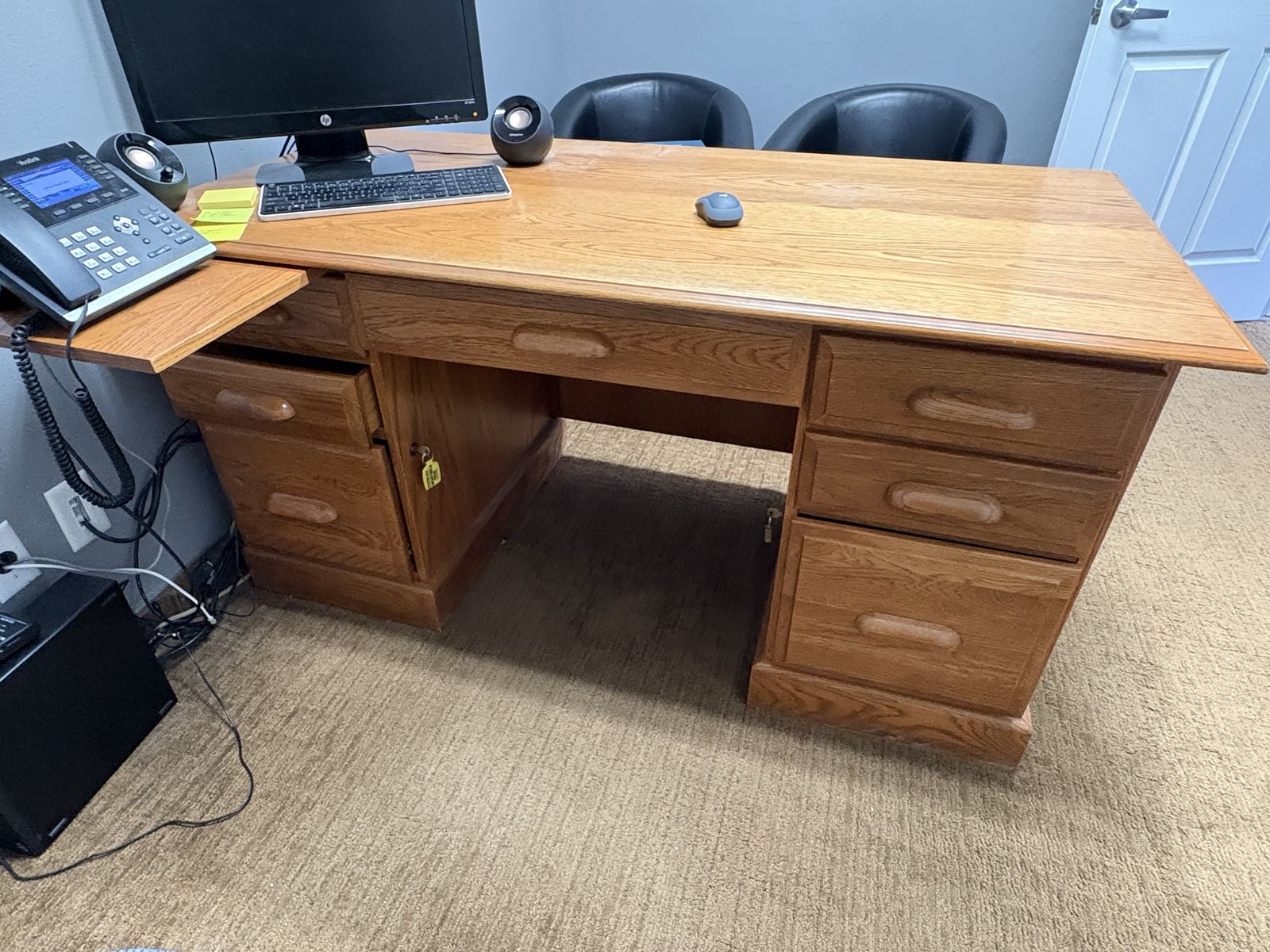 Oak Wood Executive Desk with Multiple Drawers and Pull-Out Tray, Great for Office or Home