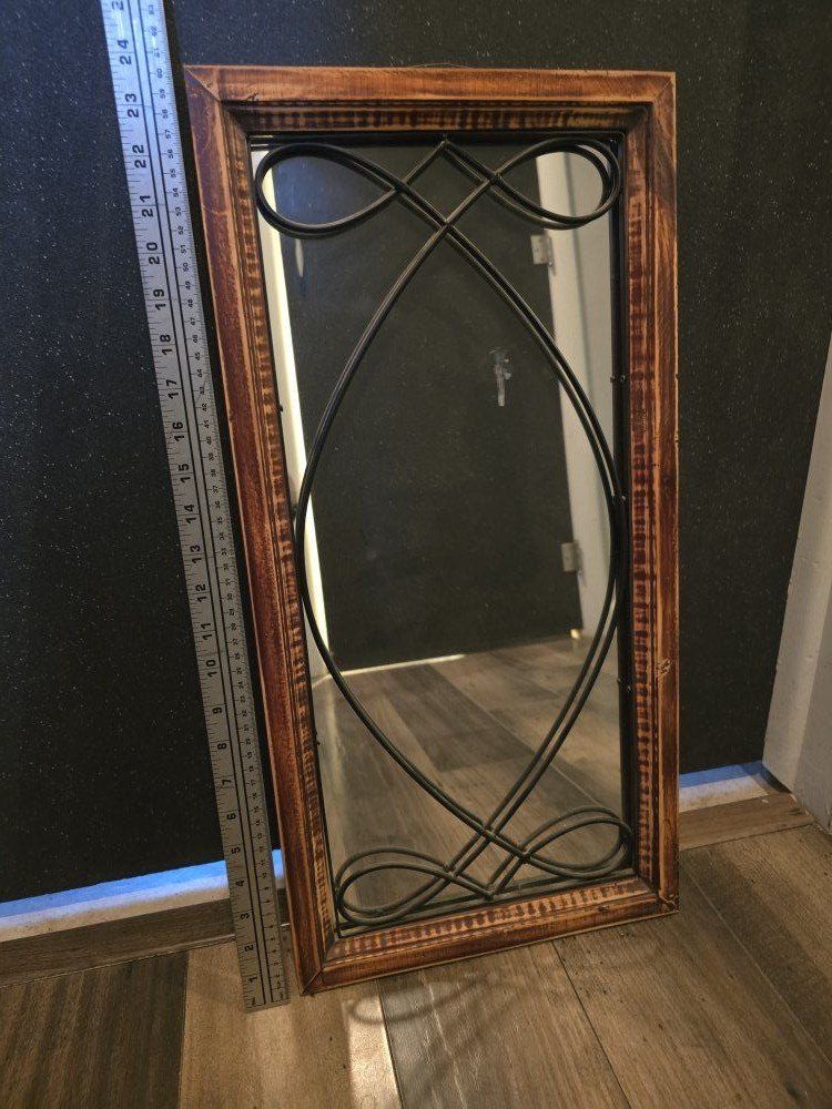 Wood Frame Mirror with Black Wrought Iron