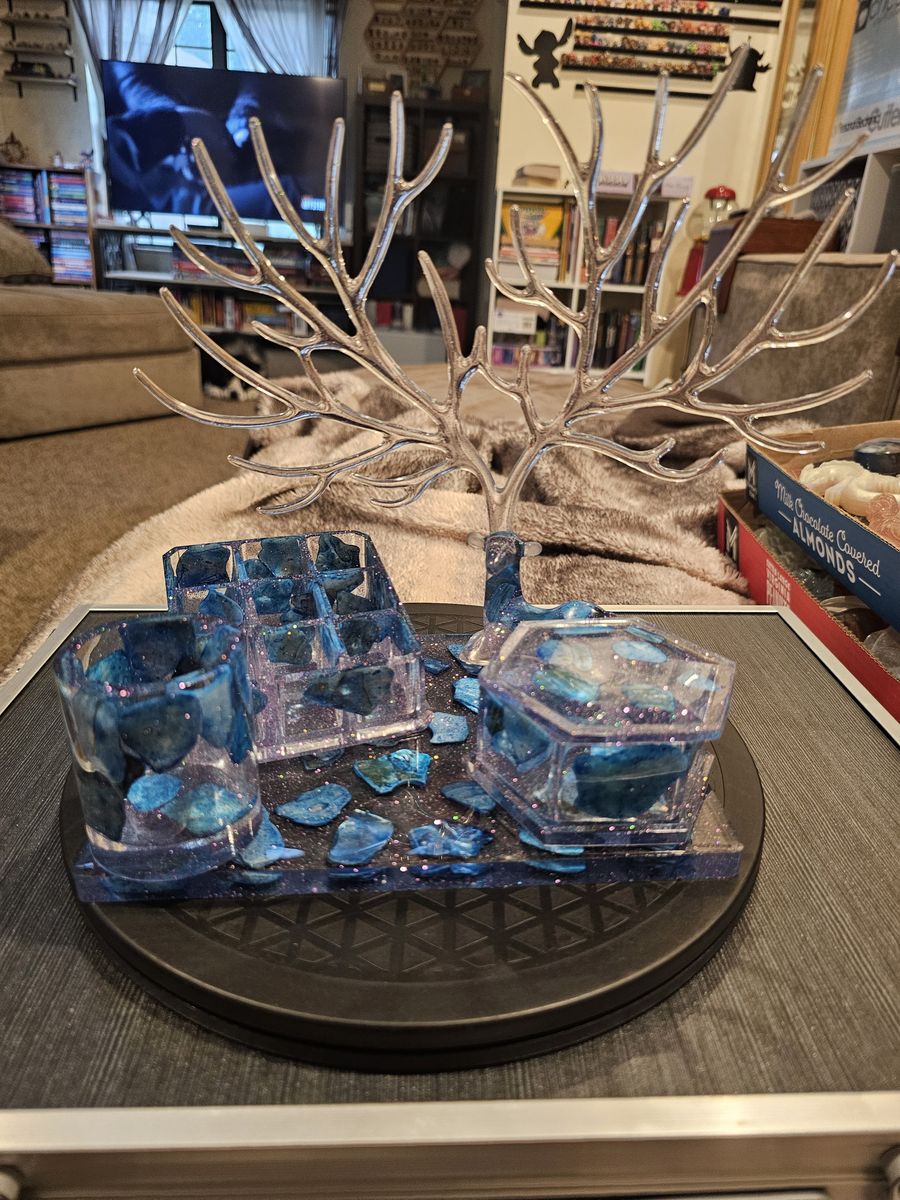 Handmade Resin Vanity Set with Deer Antler Jewelry Holder and Blue Accents