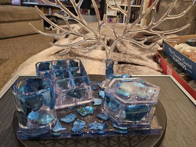 Handmade Resin Vanity Set with Deer Antler Jewelry Holder and Blue Accents