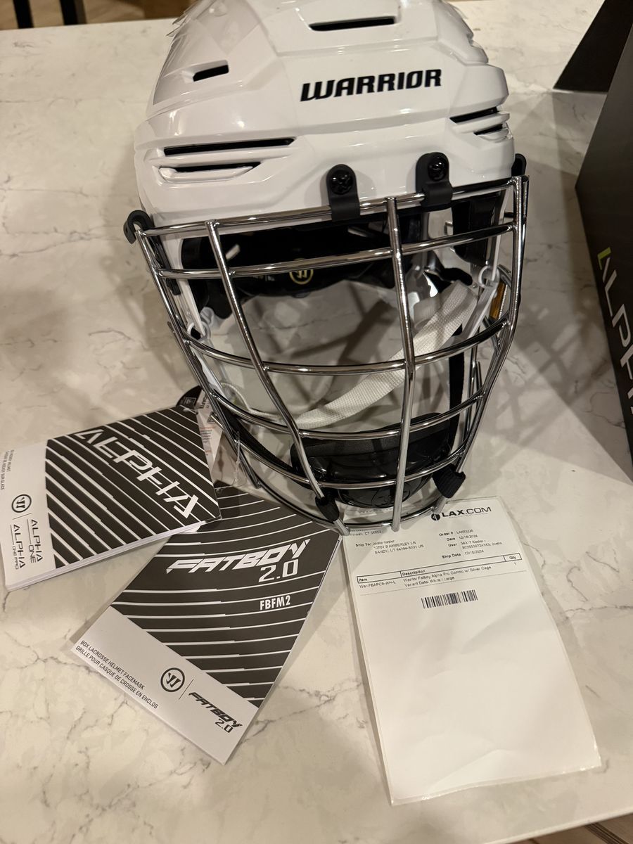 Box Lacrosse Warrior Fatboy Alpha Pro Helmet with Silver Cage - Size Large - White