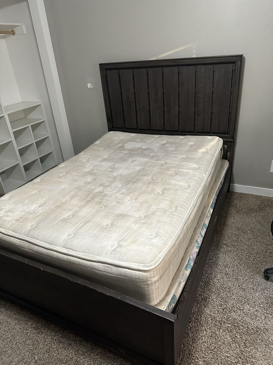 Full Size Dark Wood Platform Bed Frame with Headboard and Box Spring with mattress and box spring
