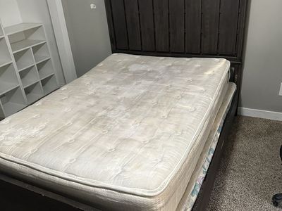 Full Size Dark Wood Platform Bed Frame with Headboard and Box Spring with mattress and box spring