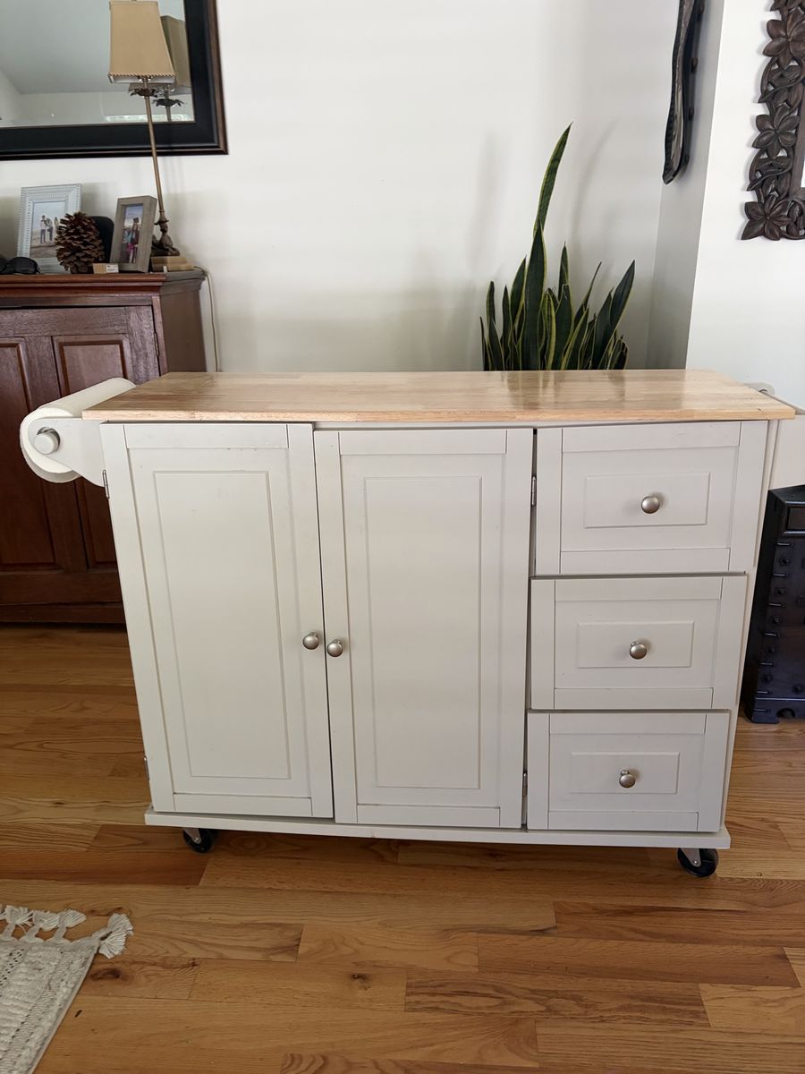 Off white mobile kitchen cart with drop leaf