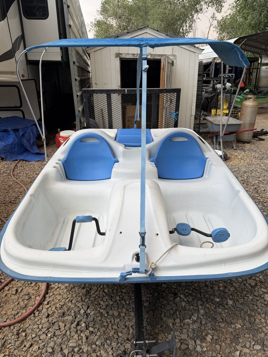 Pelican Paddle Boat 2-Seater with Canopy - White/Blue Pedal Boat, Great for Lakes & Ponds