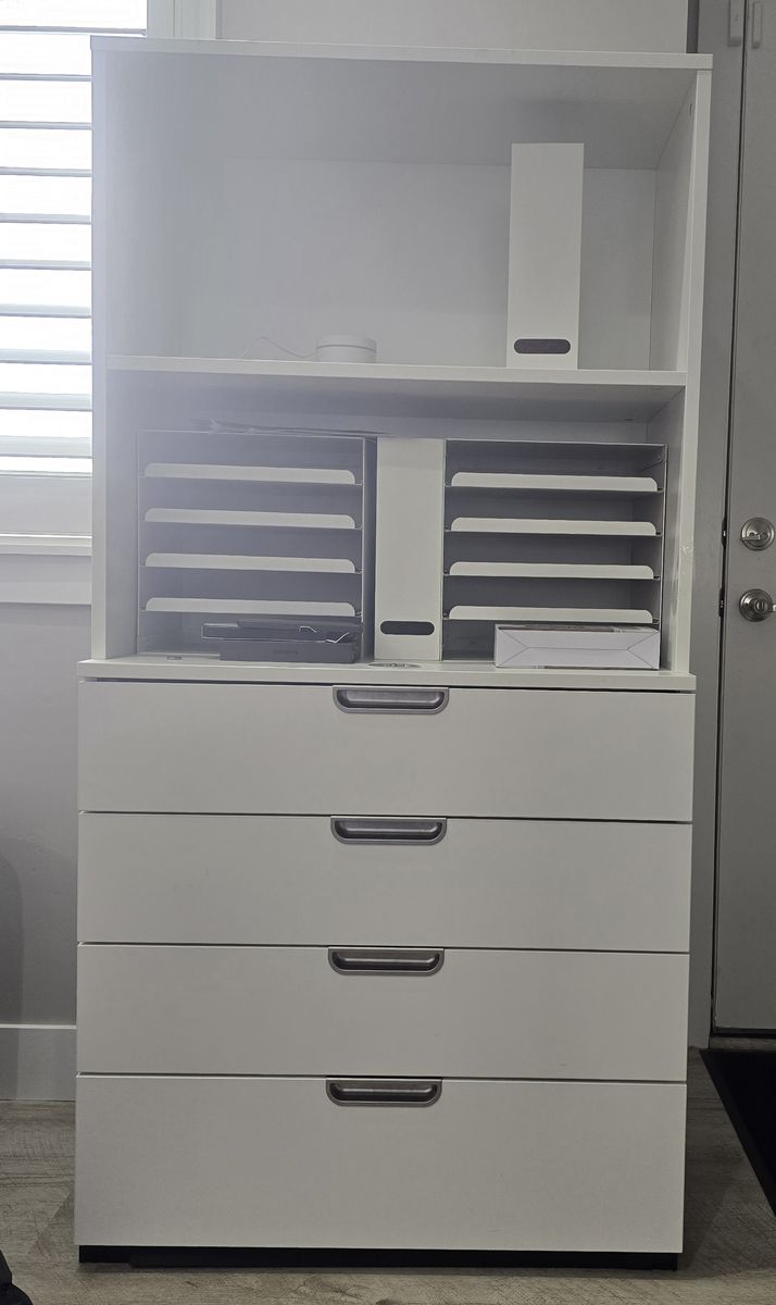 White Storage Cabinet with Drawers & Organizer Shelves – Great Condition