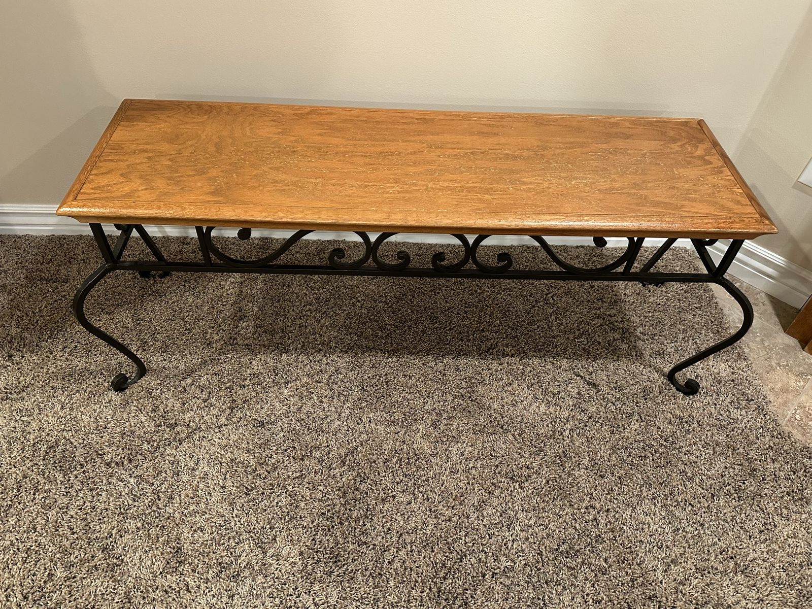 Oak and wrought iron bench
