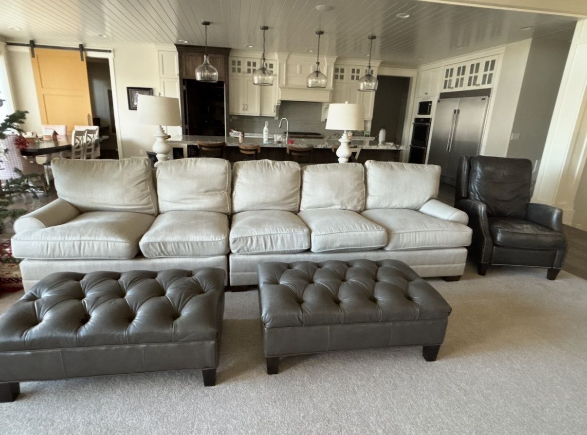 Large Beige Fabric Sectional Sofa with leather ottomans 