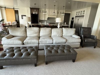Large Beige Fabric Sectional Sofa with leather ottomans