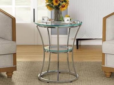 O&K FURNITURE Round End Table with Tempered Glass