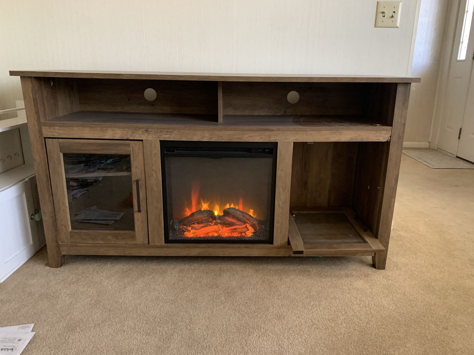 Rustic oak fireplace tv stand