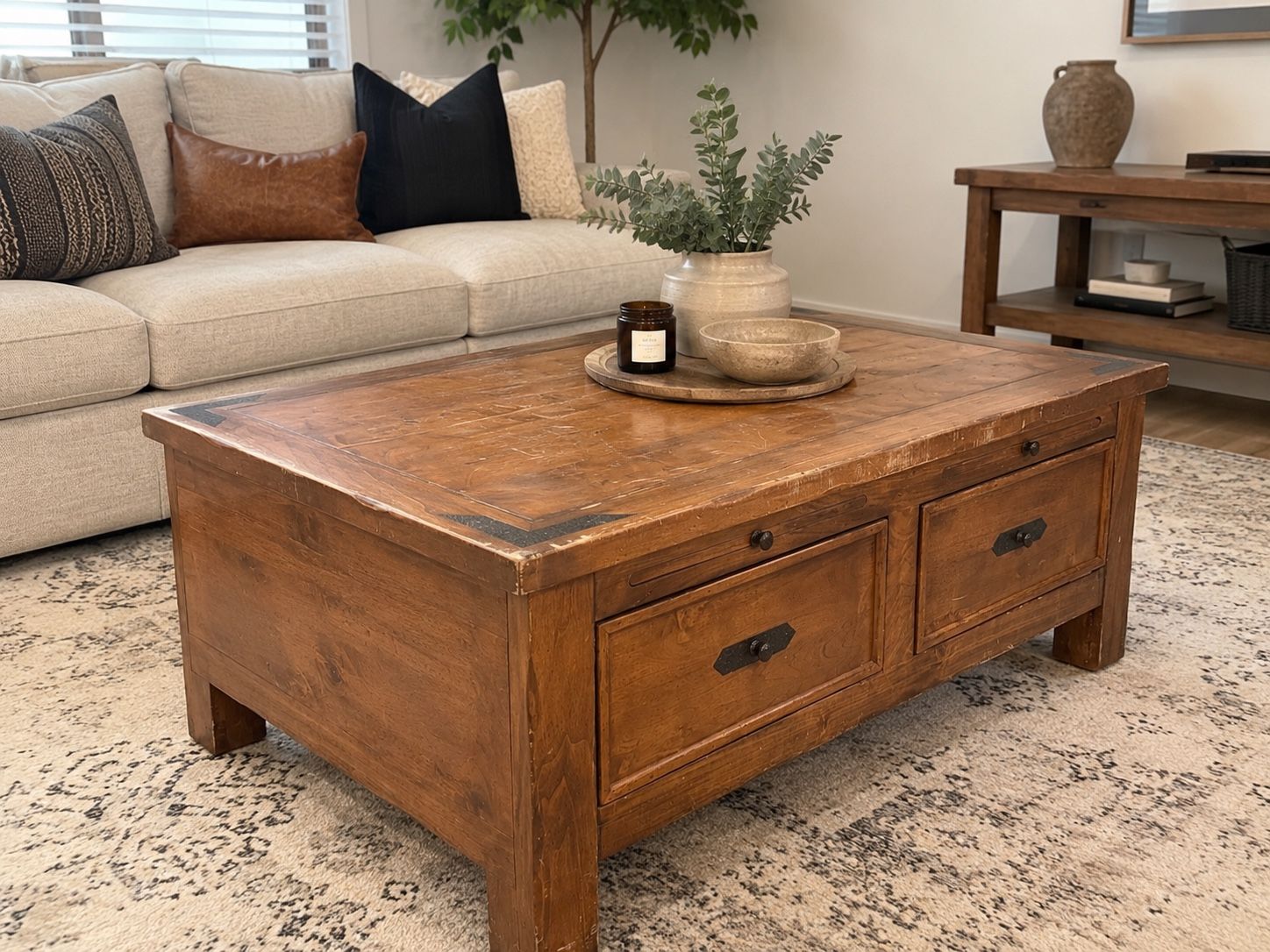 Rustic Solid Wood Coffee Table with Storage Drawers
