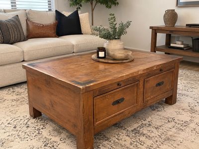 Rustic Solid Wood Coffee Table with Storage Drawers
