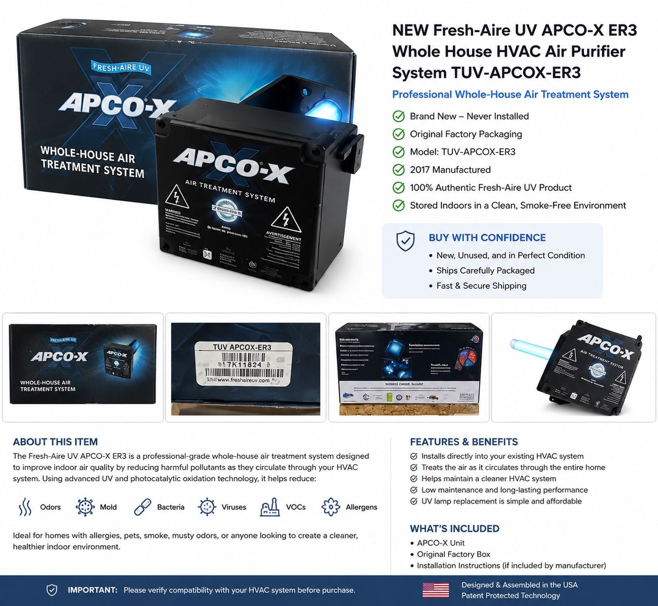 Fresh-Aire UV APCO-X ER3 Whole House HVAC Air Treatment Purifier NEW