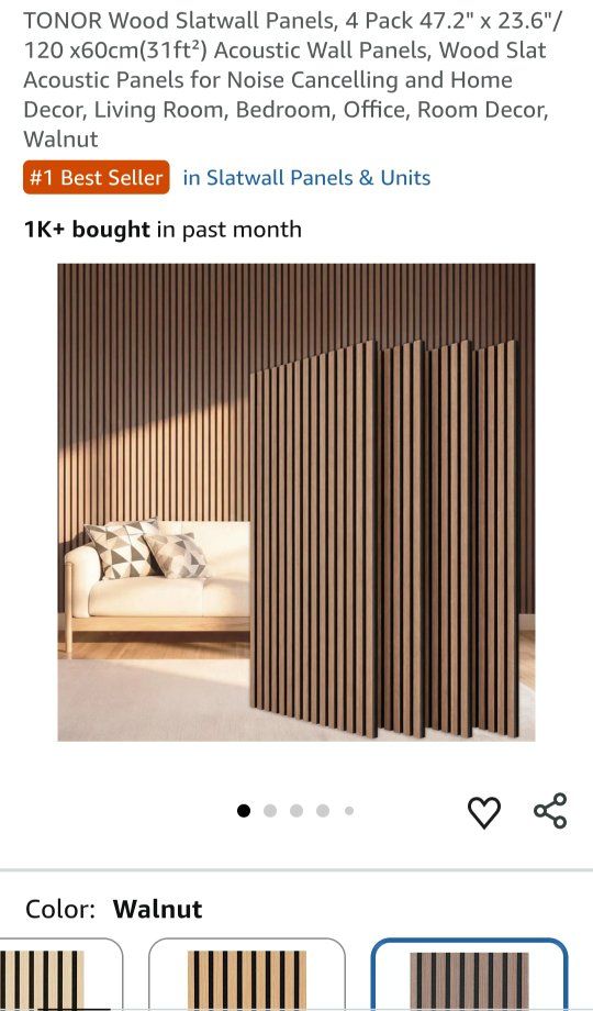 TONOR 4-Pack Wood Slat Wall Panels, 47.2" x 23.6" Acoustic Noise Cancelling Walnut Color