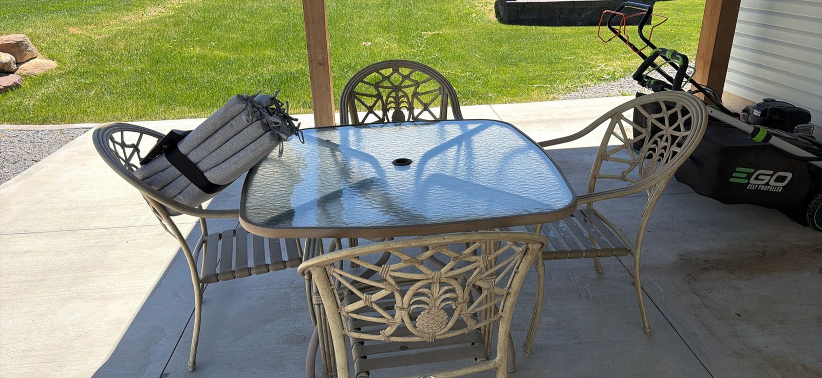 Outdoor Living Patio Dining Set with Glass Table & 4 Chairs - Good Condition
