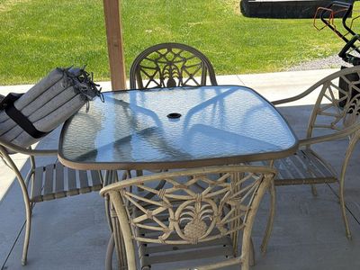 Outdoor Living Patio Dining Set with Glass Table & 4 Chairs - Good Condition